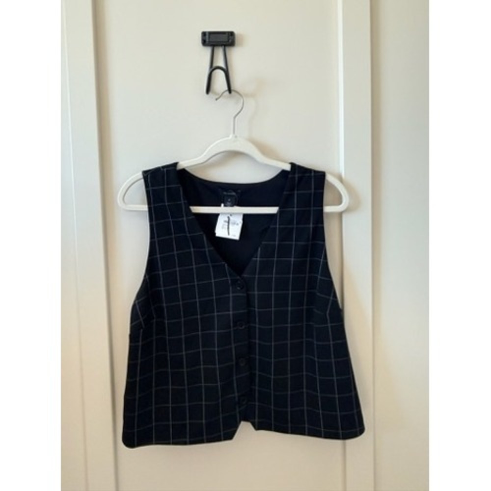 Halogen Womens Windowpane Plaid Button Front Vest Black White XL HA255006MI
